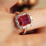 Lade Bild in die Galerieansicht, Pigeon Blood 3 Ct Emerald Cut Lab Ruby Engagement Pave Ring - LGG Jewelry