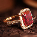 Lade Bild in die Galerieansicht, Pigeon Blood 3 Ct Emerald Cut Lab Ruby Engagement Pave Ring - LGG Jewelry