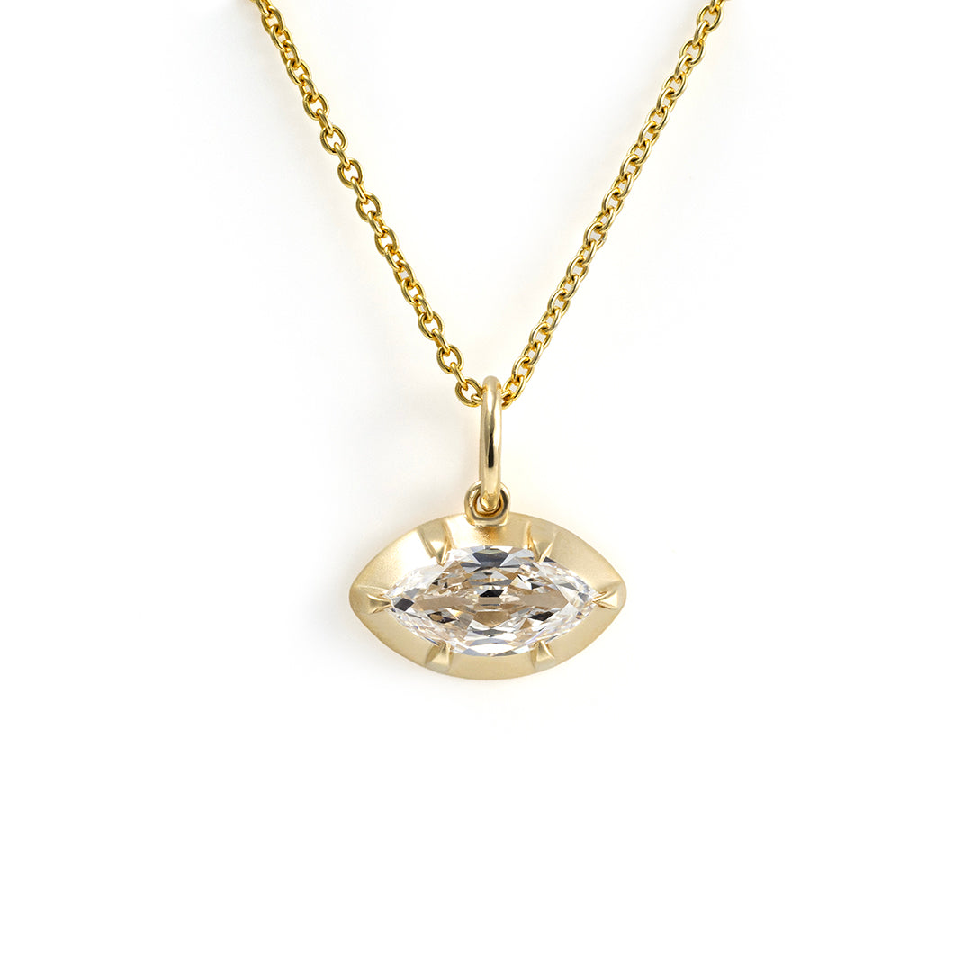 East-west 1.5 Ct OMC Marquise cut Lab diamond Matte Gold Bezel & prongs pendant Necklace
