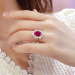 Lade Bild in die Galerieansicht, 1 Ct Oval Cut Lab Ruby Cluster Engagement Ring - LGG Jewelry