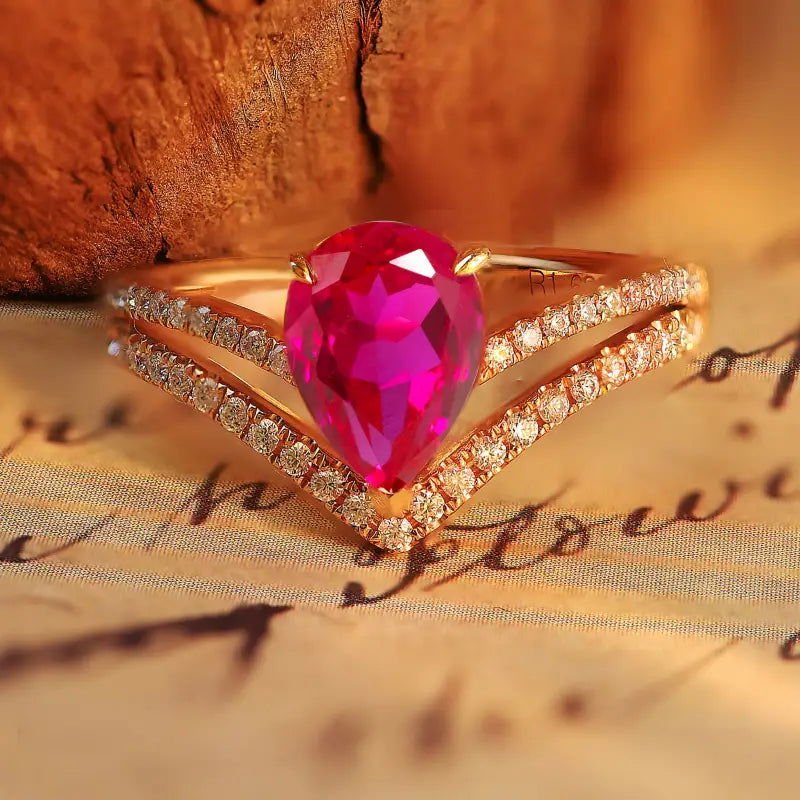 1 Ct Pear Cut Lab Ruby V-Shaped Engagement Ring - LGG Jewelry