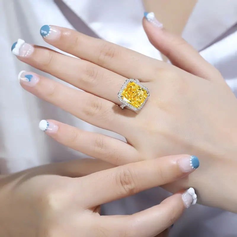 10 Ct Fancy Vivid Yellow Radiant Lab Diamond Halo Pave Engagement Ring (Setting Price Only) - LGG Jewelry