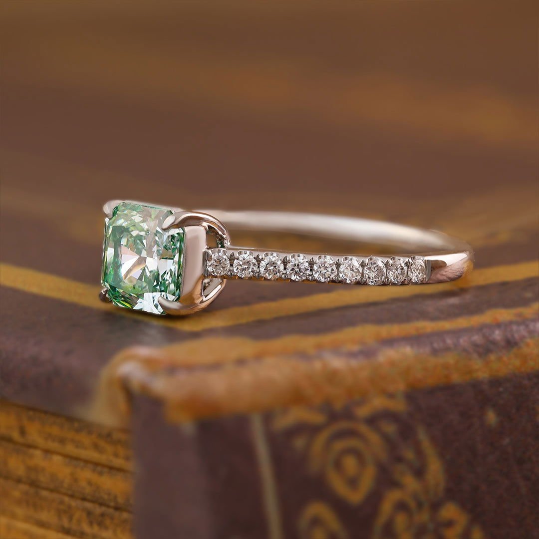 1.026 Ct Radiant Cut Fancy Green Lab Diamond Four Prongs Solitaire Engagement Ring - LGG Jewelry