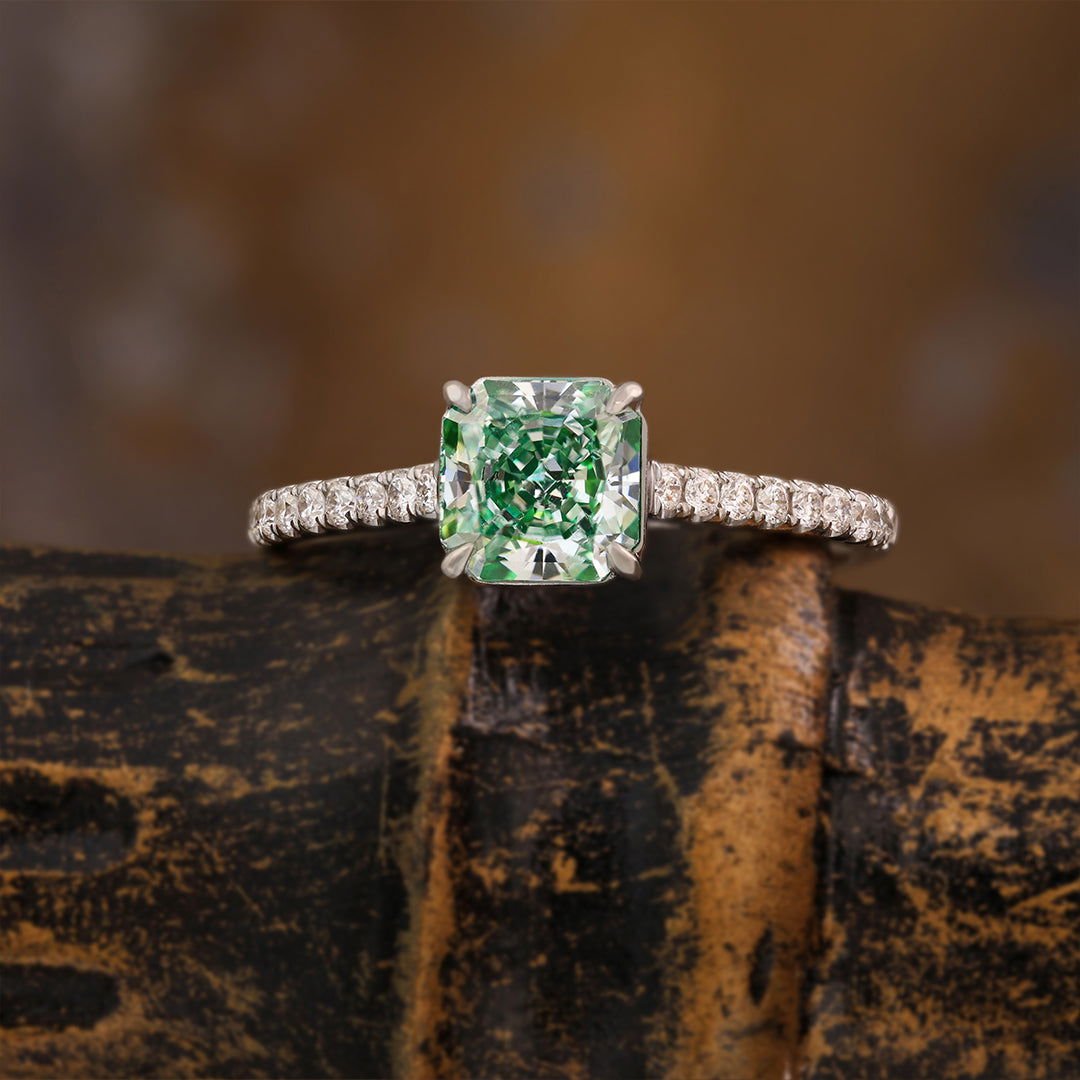 1.026 Ct Radiant Cut Fancy Green Lab Diamond Four Prongs Solitaire Engagement Ring - LGG Jewelry