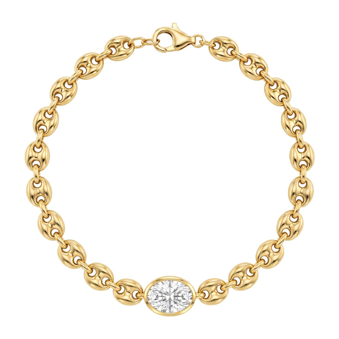 18K Yellow Gold Oval Bezel‑Set Lab‑Grown Diamond Puff Mariner Chain Bracelet