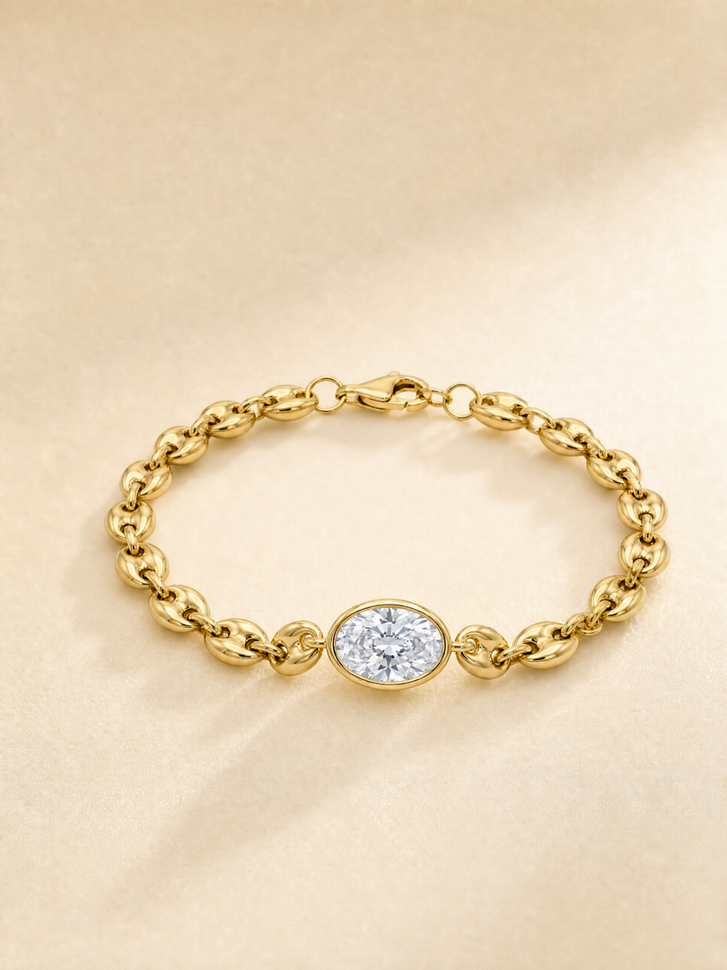 18K Yellow Gold Oval Bezel‑Set Lab‑Grown Diamond Puff Mariner Chain Bracelet