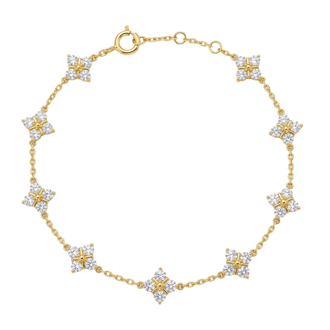 18K Solid Yellow Gold Four‑Point Star Cluster Lab‑Grown Diamond Bracelet