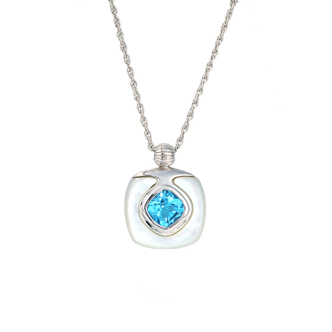 Cushion Blue Topaz & Nacre Pendant Necklace