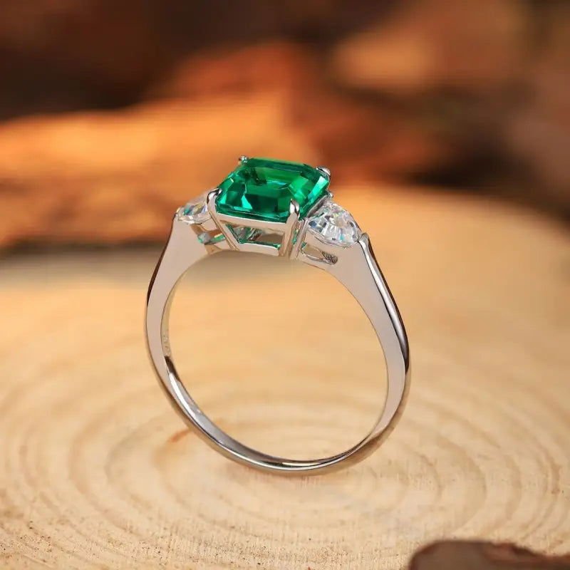 1.5 Ct Asscher Cut Lab Emerald Three-Stone Engagement Ring - LGG Jewelry