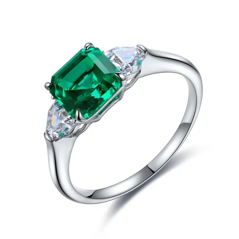 1.5 Ct Asscher Cut Lab Emerald Three-Stone Engagement Ring - LGG Jewelry