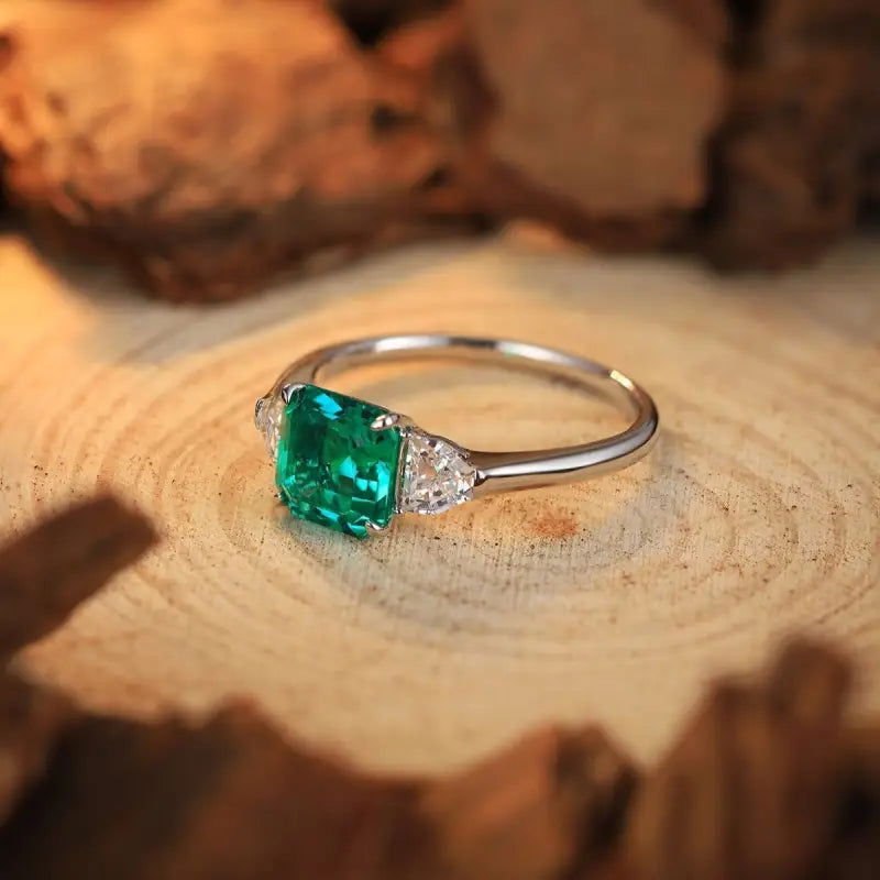 1.5 Ct Asscher Cut Lab Emerald Three-Stone Engagement Ring - LGG Jewelry