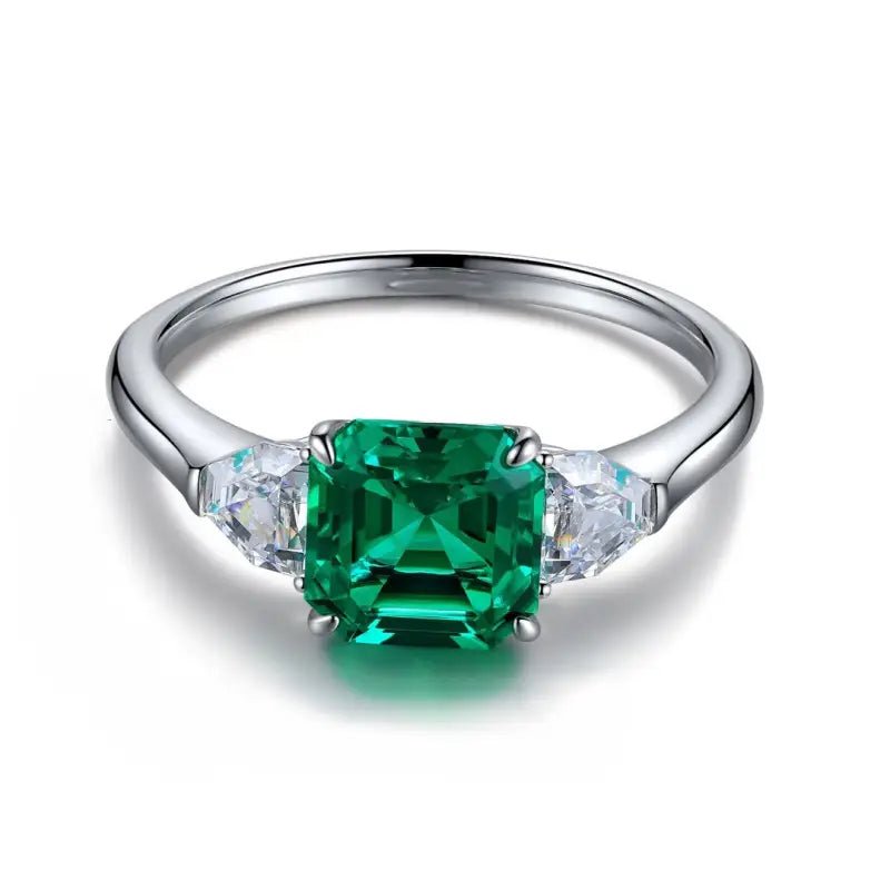 1.5 Ct Asscher Cut Lab Emerald Three-Stone Engagement Ring - LGG Jewelry