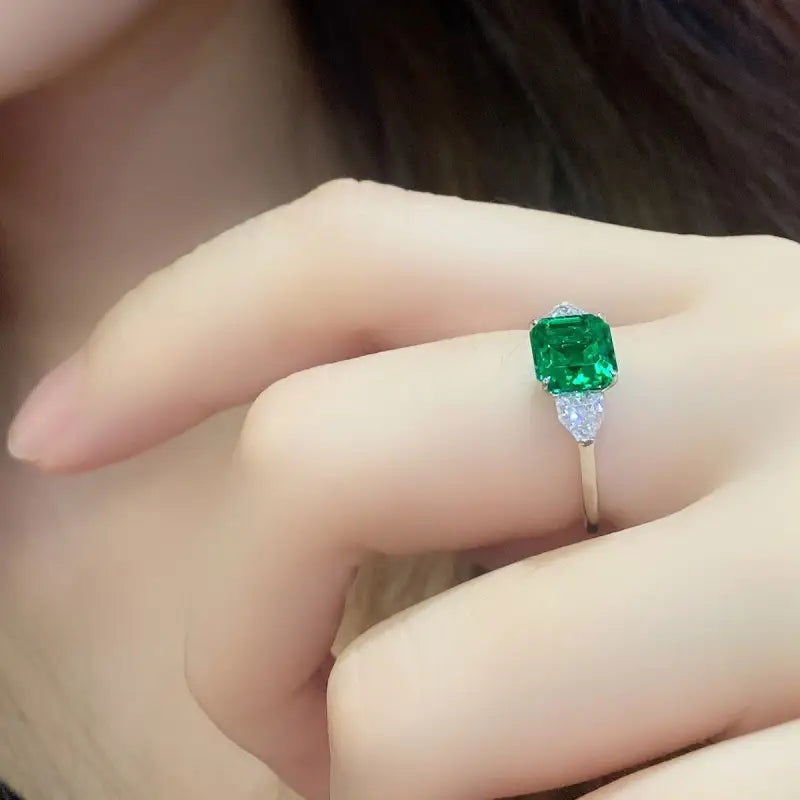 1.5 Ct Asscher Cut Lab Emerald Three-Stone Engagement Ring - LGG Jewelry