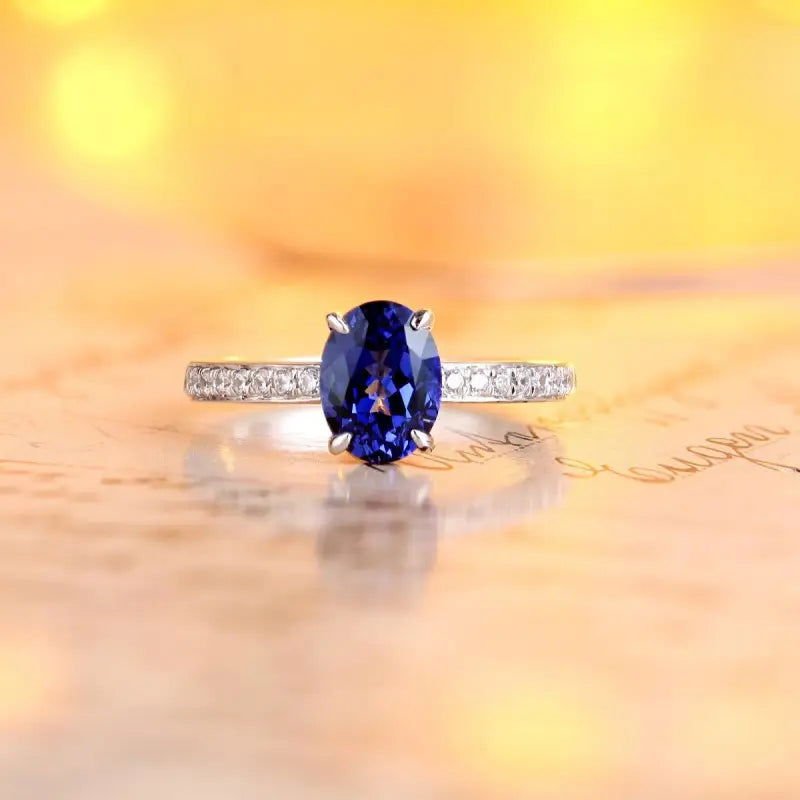1.75 Ct Oval Cut Lab Blue Sapphire Four Prongs Engagement Ring - LGG Jewelry
