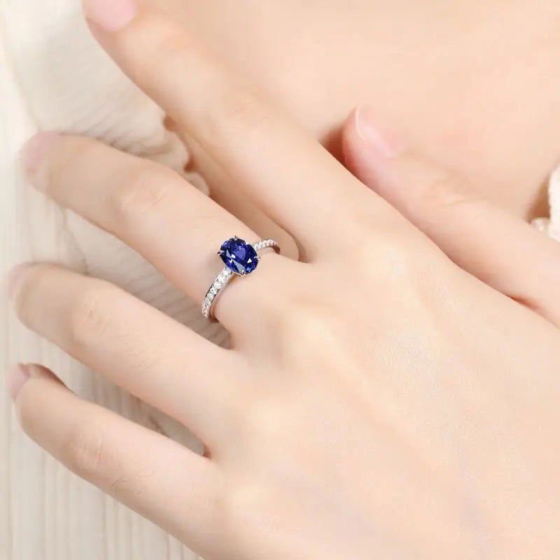 1.75 Ct Oval Cut Lab Blue Sapphire Four Prongs Engagement Ring - LGG Jewelry