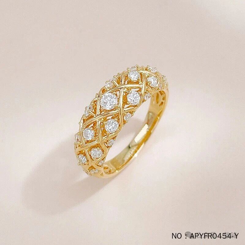 复古轻奢交叉菱格满天星18K黄培育钻女戒 - LGG Jewelry