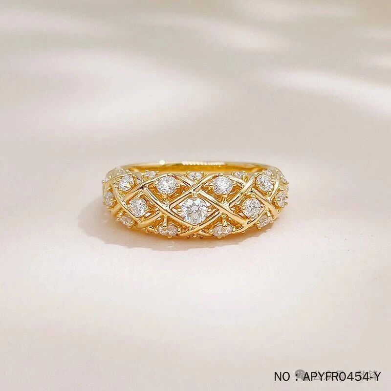 复古轻奢交叉菱格满天星18K黄培育钻女戒 - LGG Jewelry