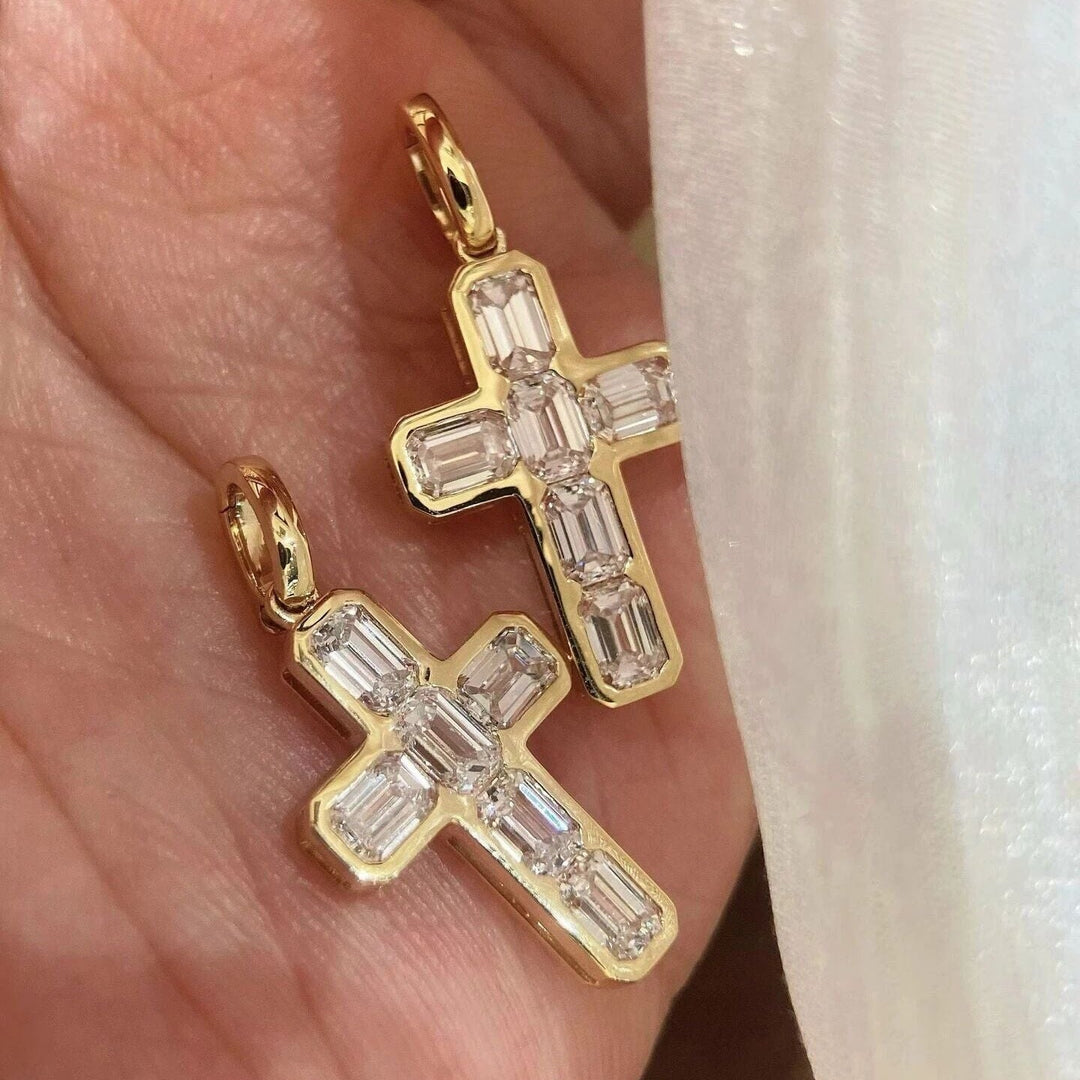 18K Gold Emerald Cut Lab Grown Diamond Cross - LGG Jewelry