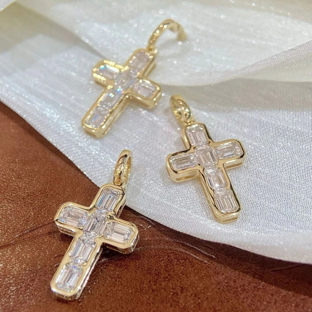 18K Gold Emerald Cut Lab Grown Diamond Cross - LGG Jewelry