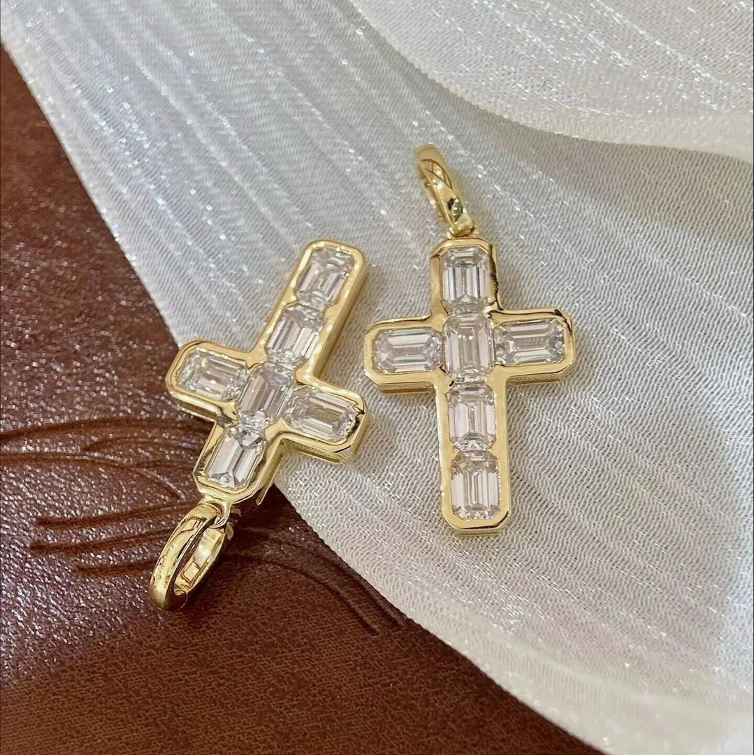 18K Gold Emerald Cut Lab Grown Diamond Cross - LGG Jewelry