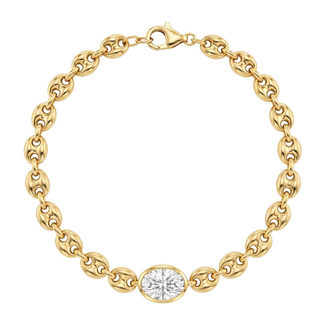 18K Yellow Gold Oval Bezel‑Set Lab‑Grown Diamond Puff Mariner Chain Bracelet - LGG Jewelry