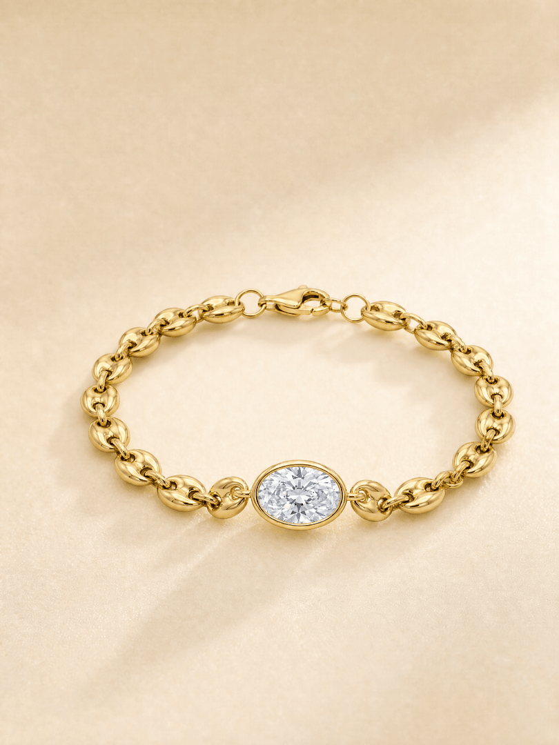 18K Yellow Gold Oval Bezel‑Set Lab‑Grown Diamond Puff Mariner Chain Bracelet - LGG Jewelry
