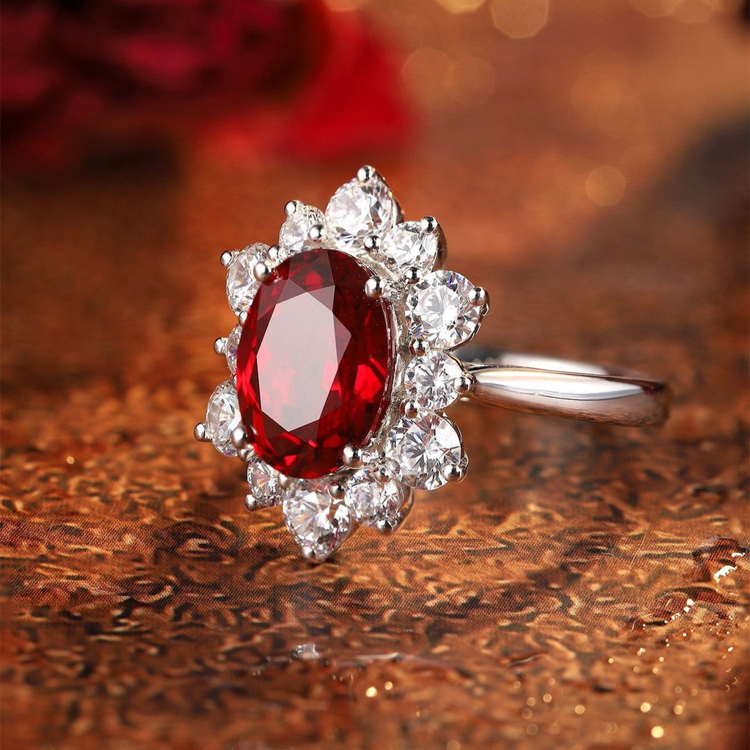 1 Ct Oval Cut Lab Ruby Cluster Engagement Ring - LGG Jewelry