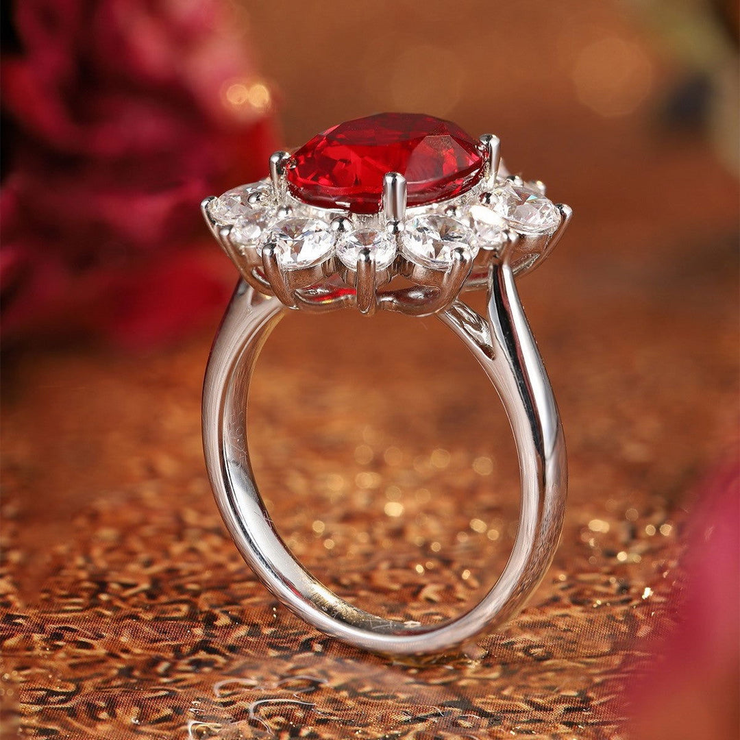 1 Ct Oval Cut Lab Ruby Cluster Engagement Ring - LGG Jewelry