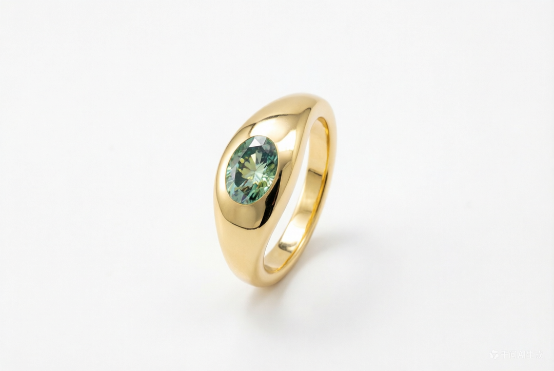 Green Moissanite Oval Signet Ring - 925 Sterling Silver Gold Plated Statement Ring