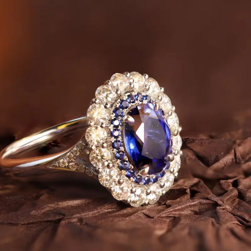 2 Ct Oval Cut Lab Blue Sapphire Halo Engagement Ring - LGG Jewelry