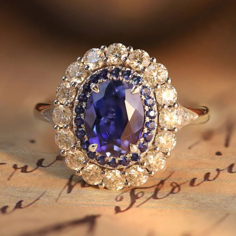 2 Ct Oval Cut Lab Blue Sapphire Halo Engagement Ring - LGG Jewelry