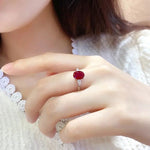 Lade Bild in die Galerieansicht, 2 Ct Oval Cut Lab Ruby Three-Stone Engagement Ring - LGG Jewelry