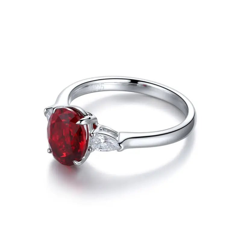 2 Ct Oval Cut Lab Ruby Three-Stone Engagement Ring - LGG Jewelry