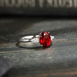 Lade Bild in die Galerieansicht, 2 Ct Oval Cut Lab Ruby Three-Stone Engagement Ring - LGG Jewelry