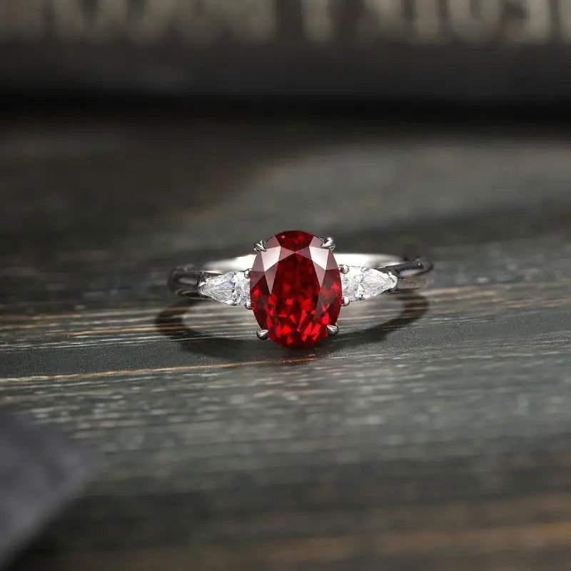 2 Ct Oval Cut Lab Ruby Three-Stone Engagement Ring - LGG Jewelry
