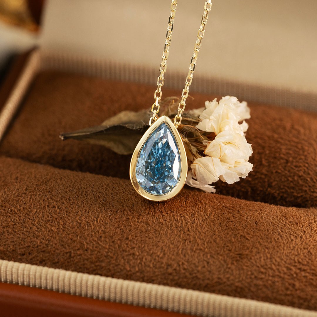 2 Ct Pear Cut Fancy Blue Lab Diamond Bezel Pendant Necklace - LGG Jewelry
