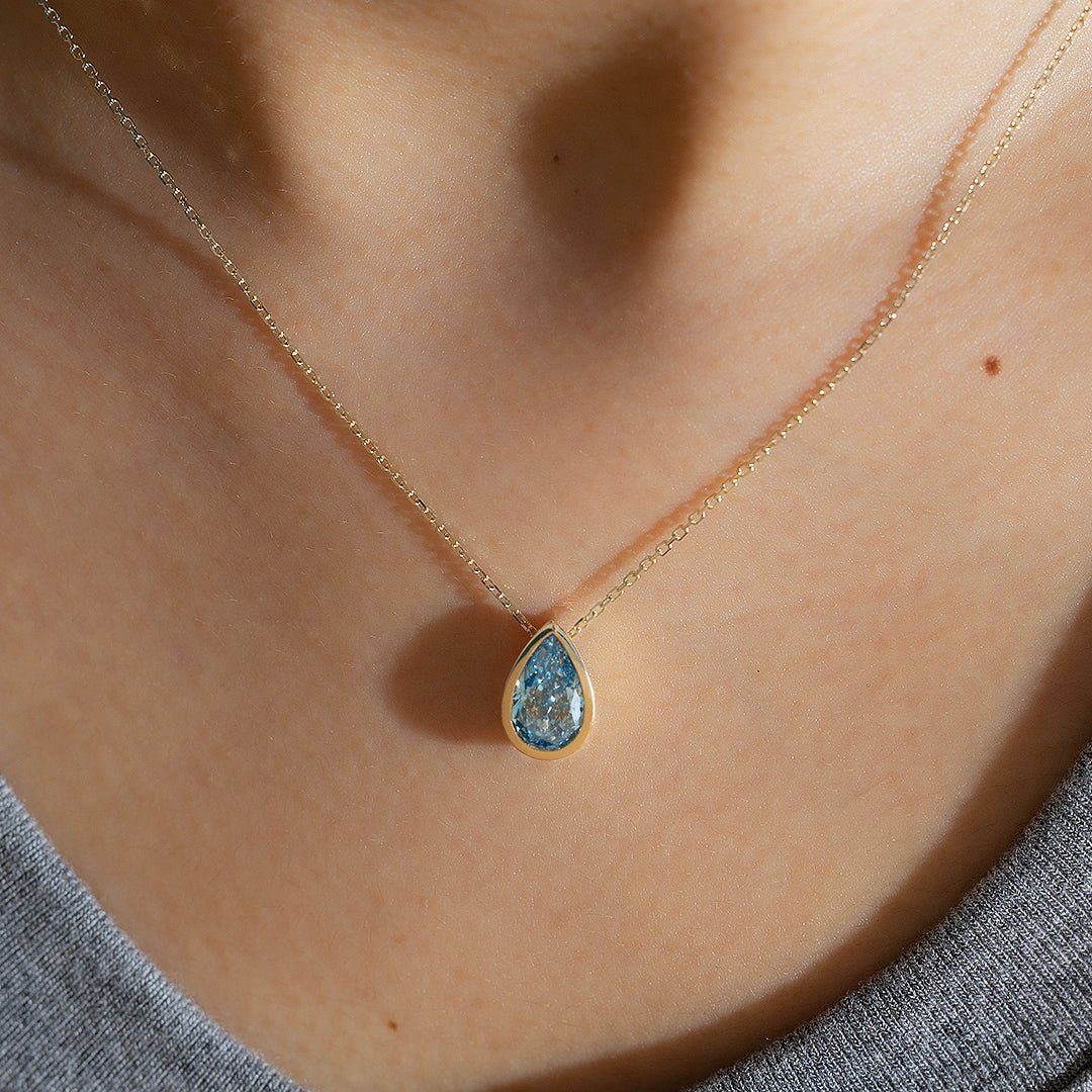 2 Ct Pear Cut Fancy Blue Lab Diamond Bezel Pendant Necklace - LGG Jewelry