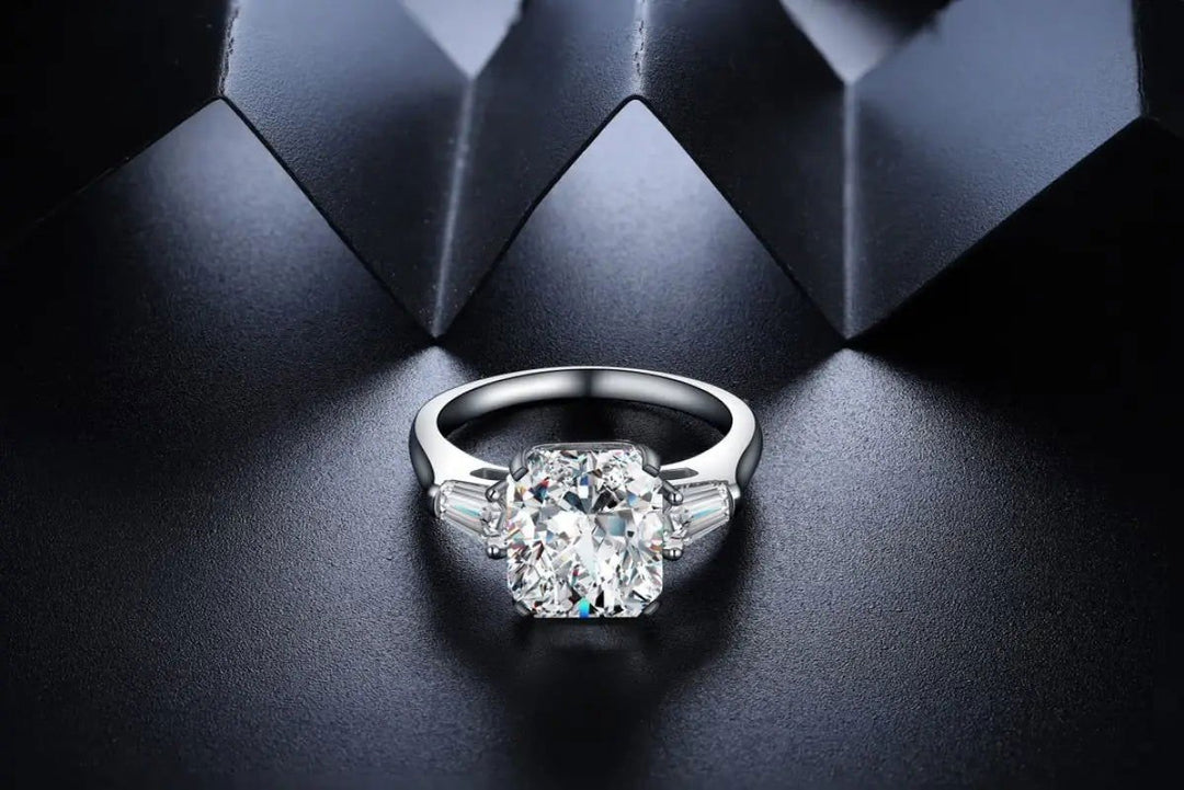 2 Ct Radiant Lab Diamond Three-Stone Engagement Ring with Tapered Baguette - LGG Jewelry