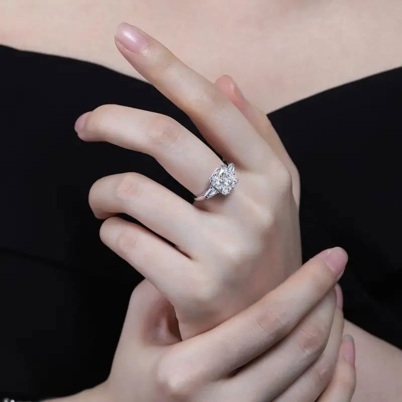 2 Ct Radiant Lab Diamond Three-Stone Engagement Ring with Tapered Baguette - LGG Jewelry