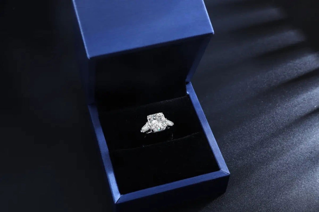 2 Ct Radiant Lab Diamond Three-Stone Engagement Ring with Tapered Baguette - LGG Jewelry