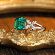 2.09 Ct Asscher Cut Lab Emerald Snowflake Three-Stone Engagement Ring - LGG Jewelry