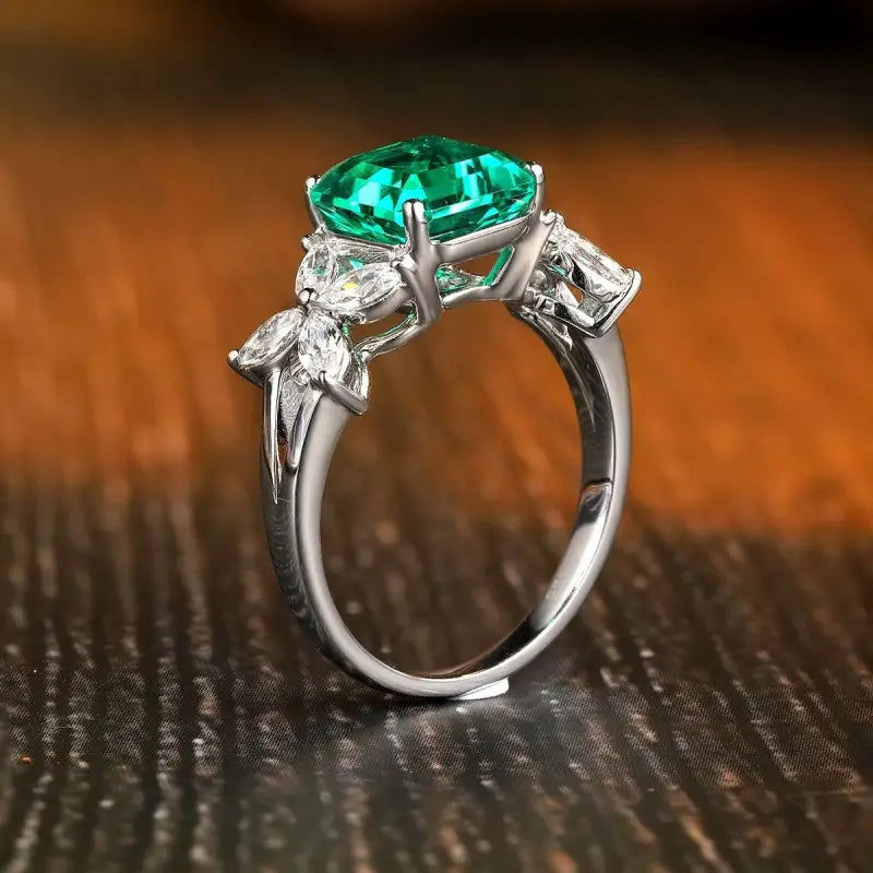 2.09 Ct Asscher Cut Lab Emerald Snowflake Three-Stone Engagement Ring - LGG Jewelry