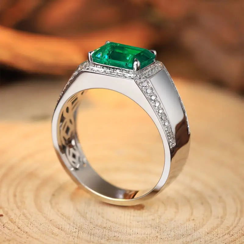 2.5 Ct Columbia Lab Emerald Halo Wedding Ring For Men - LGG Jewelry
