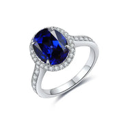 2.5 Ct Oval Shape Lab Blue Sapphire Half Pave Halo Engagement Ring - LGG Jewelry