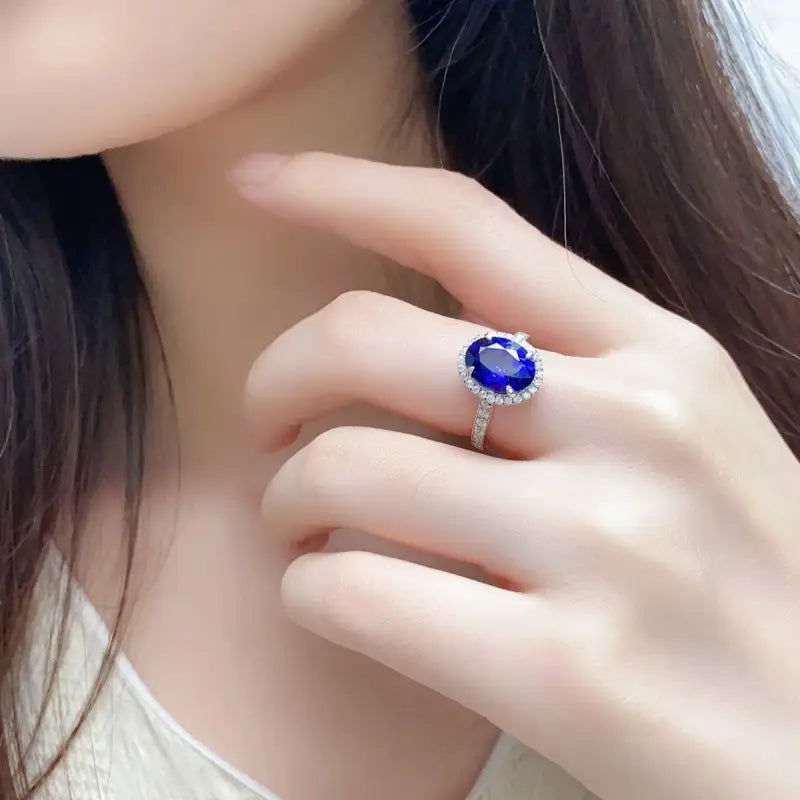 2.5 Ct Oval Shape Lab Blue Sapphire Half Pave Halo Engagement Ring - LGG Jewelry