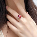 Load image into Gallery viewer, 2.5 Ct Oval Shape Lab Ruby Half Pave Halo Engagement Ring - LGG Jewelry
