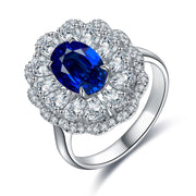 2.6 Ct Oval Cut Lab Blue Sapphire Double Cluster Engagement Ring - LGG Jewelry