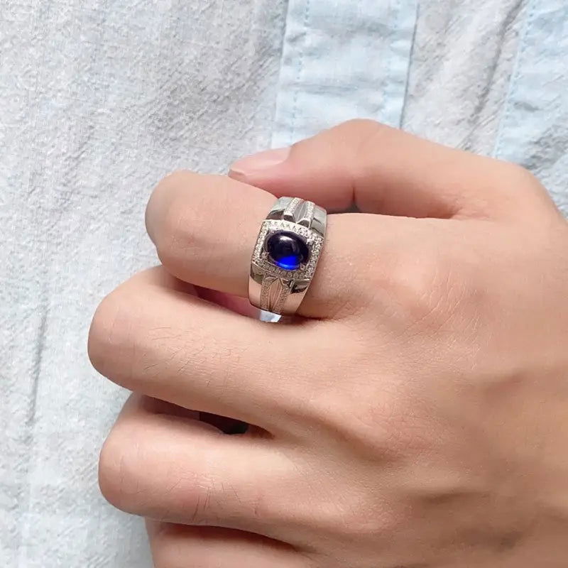 2.8 Ct Oval Shape Lab Blue Sapphire Halo Wedding Ring For Men - LGG Jewelry