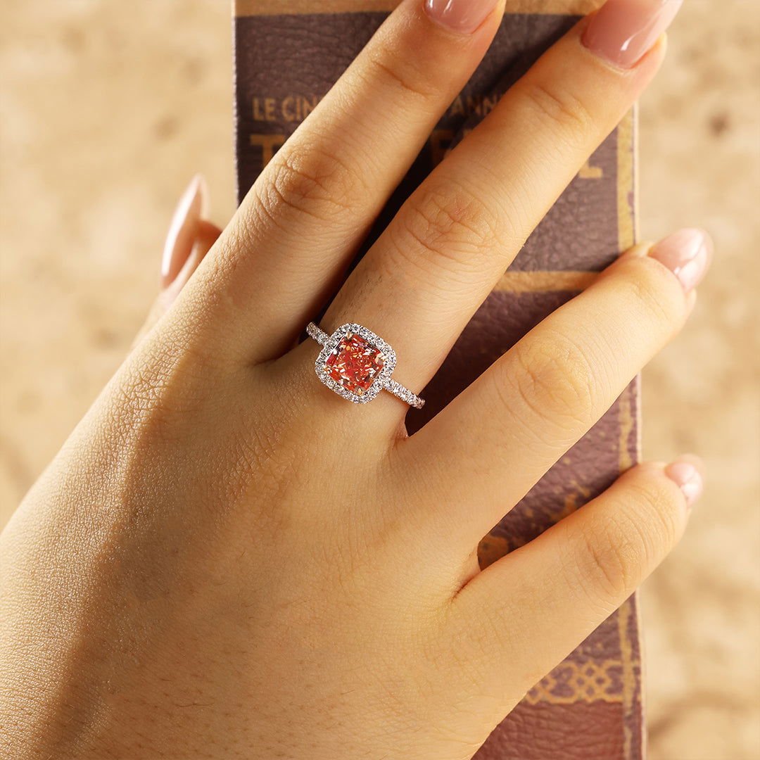 2.04 Ct Radiant Cut Fancy Pink Lab Diamond Halo Engagement Ring - LGG Jewelry