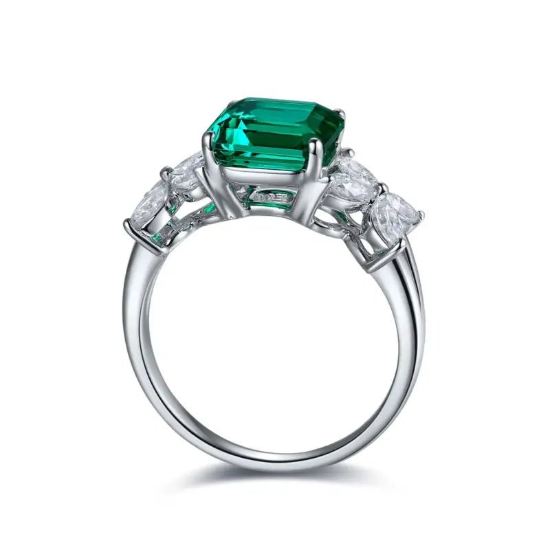 2.09 Ct Asscher Cut Lab Emerald Snowflake Three-Stone Engagement Ring - LGG Jewelry